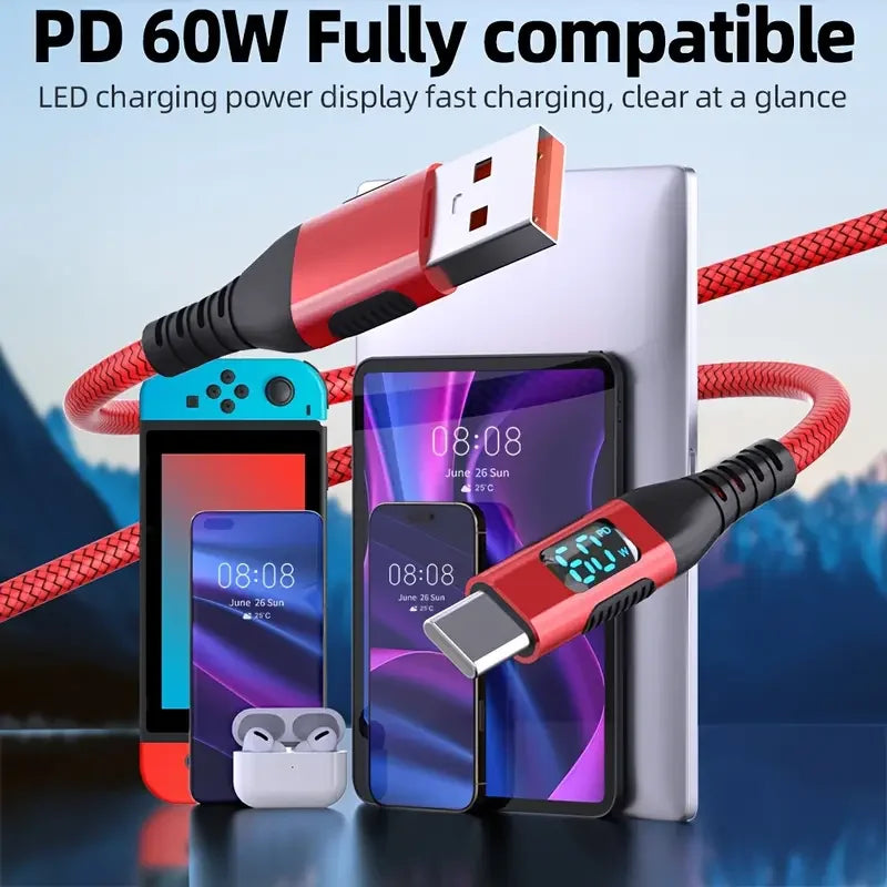 60W USB A to Type C Fast Charging Cable with Digital Display