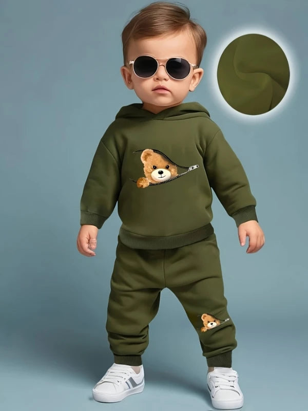 Newborn Baby Boy Bear Print Fleece Hoodie & Pants Set | Cozy Outfit