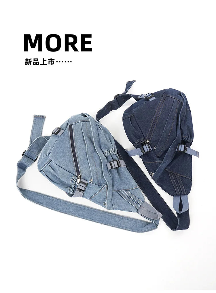 Vintage Washed Denim Sling Bag Man Woman Multifunction Retro Large Capacity Portable Motorcycle Chest Bag