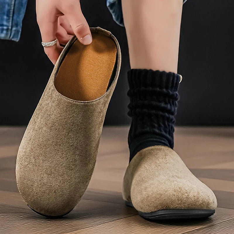 New Men's Slippers New Retro Solid Color Flat Bottom Women's Slingback Shoes Closed Toe Round Toe Suede Clogs Sandals Autumn