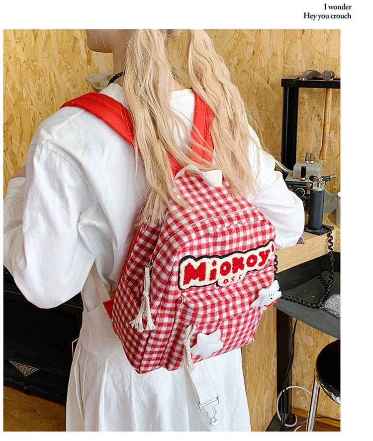 Stylish Girls Red Plaid Backpack | Large Capacity School Bag