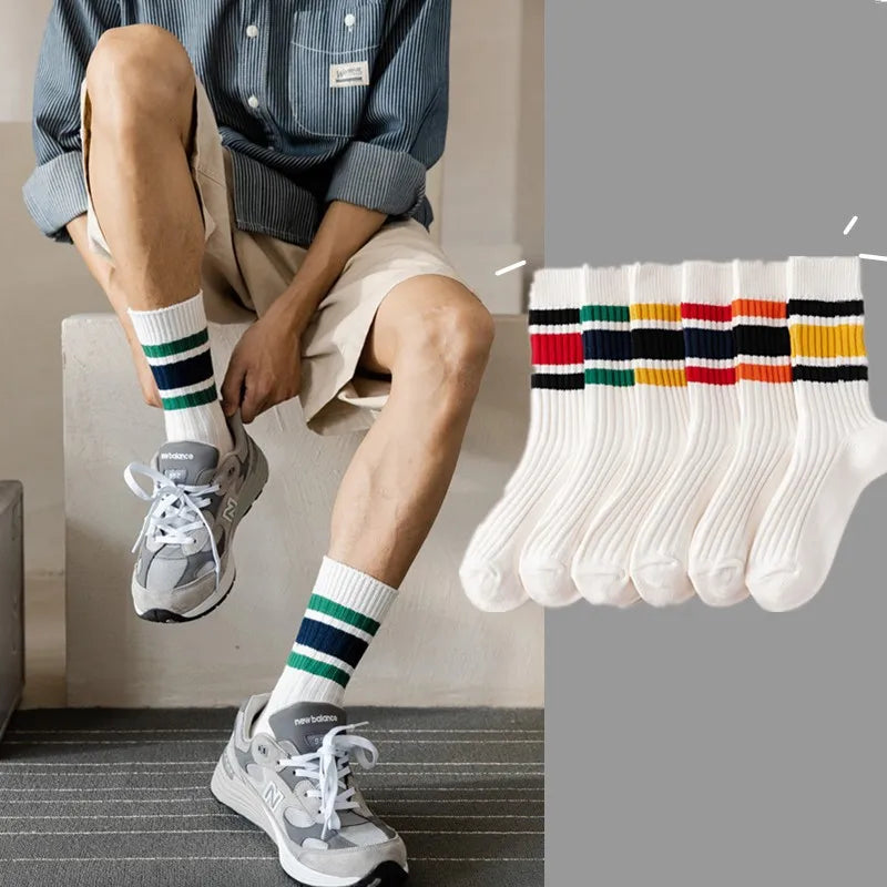 Men's Japanese Style Striped Crew Socks | Cozy Cotton Comfort