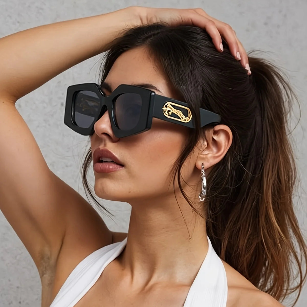 Stylish Women's Black Geometric Sunglasses with Gold Accents