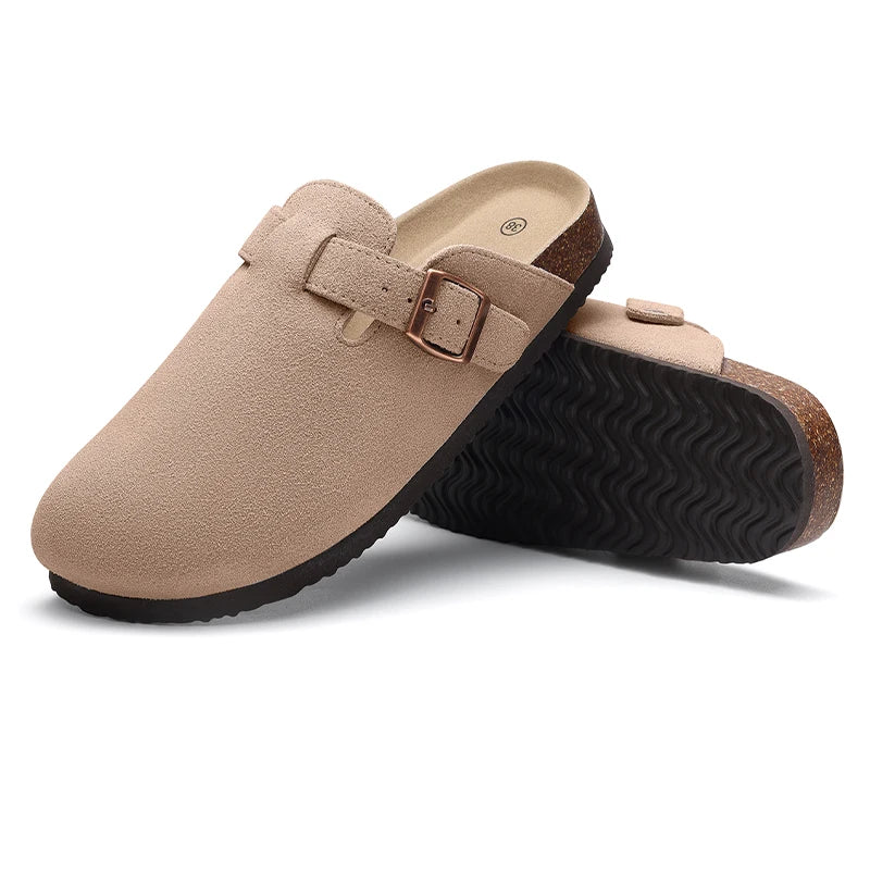 Women's Adjustable Buckle Cork Clogs | Comfortable Suede Slippers