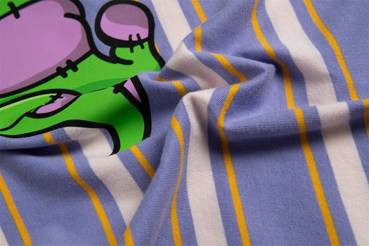 Men's Oversized Striped Dinosaur Smiley Print T-Shirt | Casual Cotton Tee