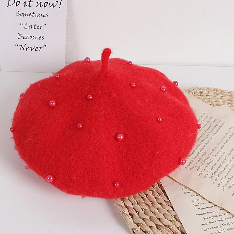 Wool Kids Winter Hat | Stylish Baby Beret with Pearl Detailing