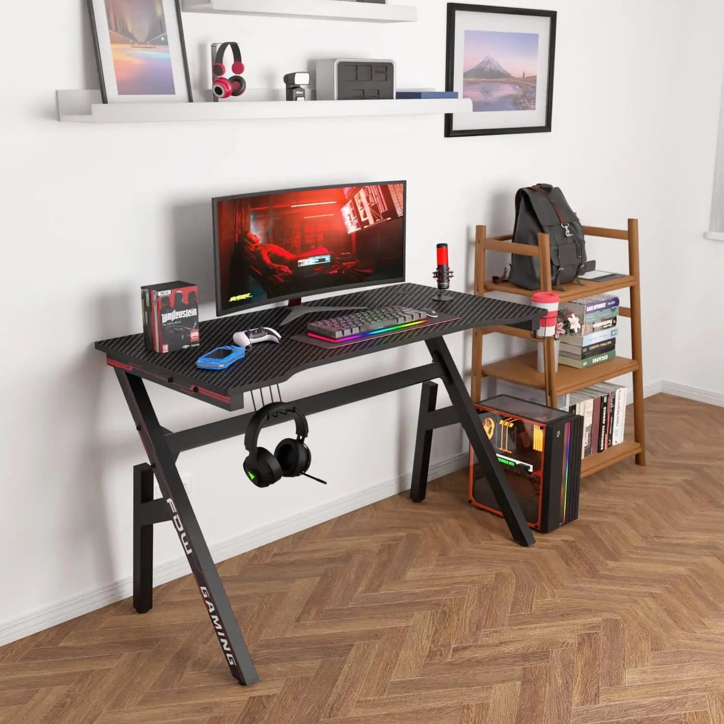 47-Inch Gaming Desk with Cup Holder & Adjustable Legs