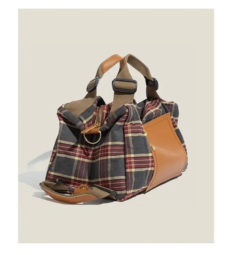 Large Capacity Burgundy Plaid Handbag | Convertible Shoulder Backpack