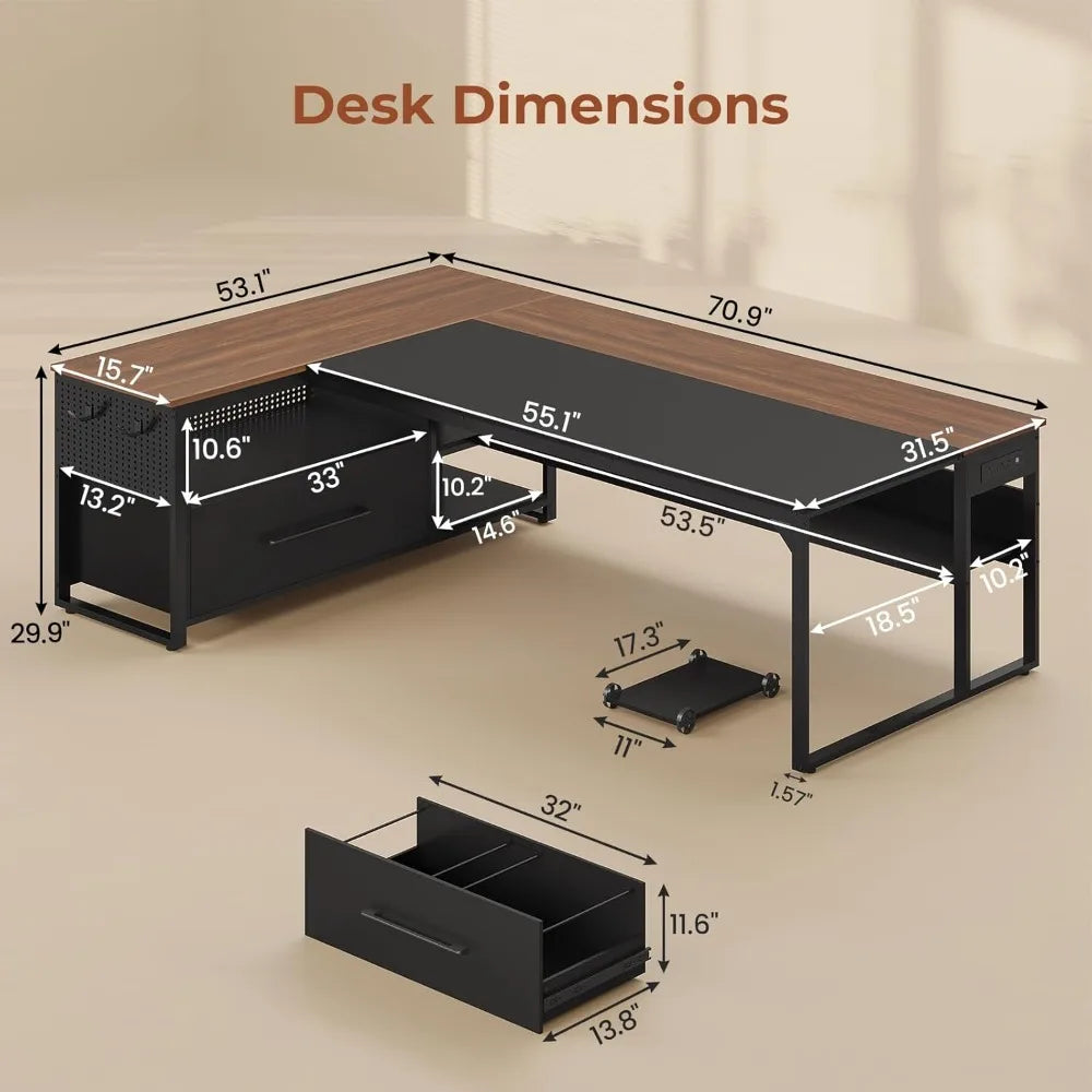 71" L-Shaped Executive Desk | Spacious Office Workstation with Outlets
