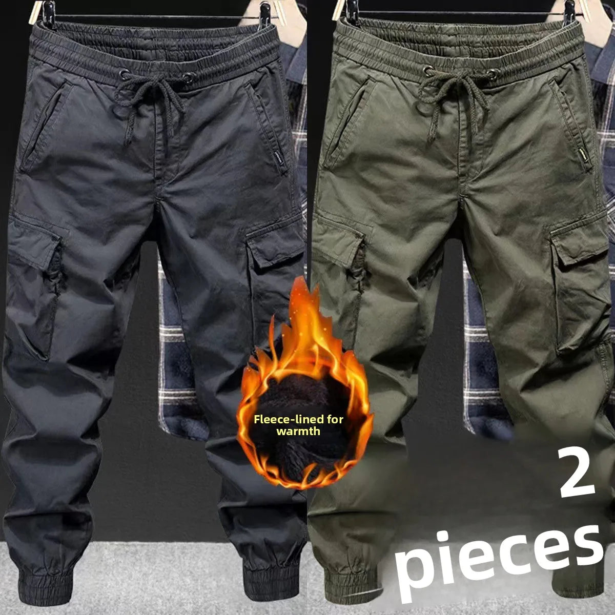 Men’s Autumn Winter Thickened Fleece Work Cargo Pants Loose Fit Wear Resistant Tear Proof Trousers with Multi Pockets