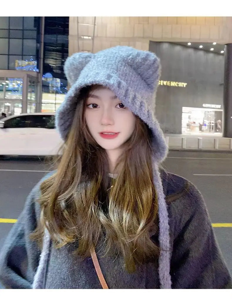 Women's Cute Bear Ear Plush Beanie | Cozy Winter Bomber Hat
