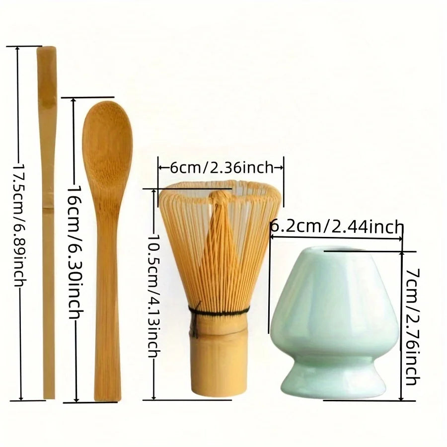 Tea-making tools including a whisk, spoon, and small cup with dimensions displayed.