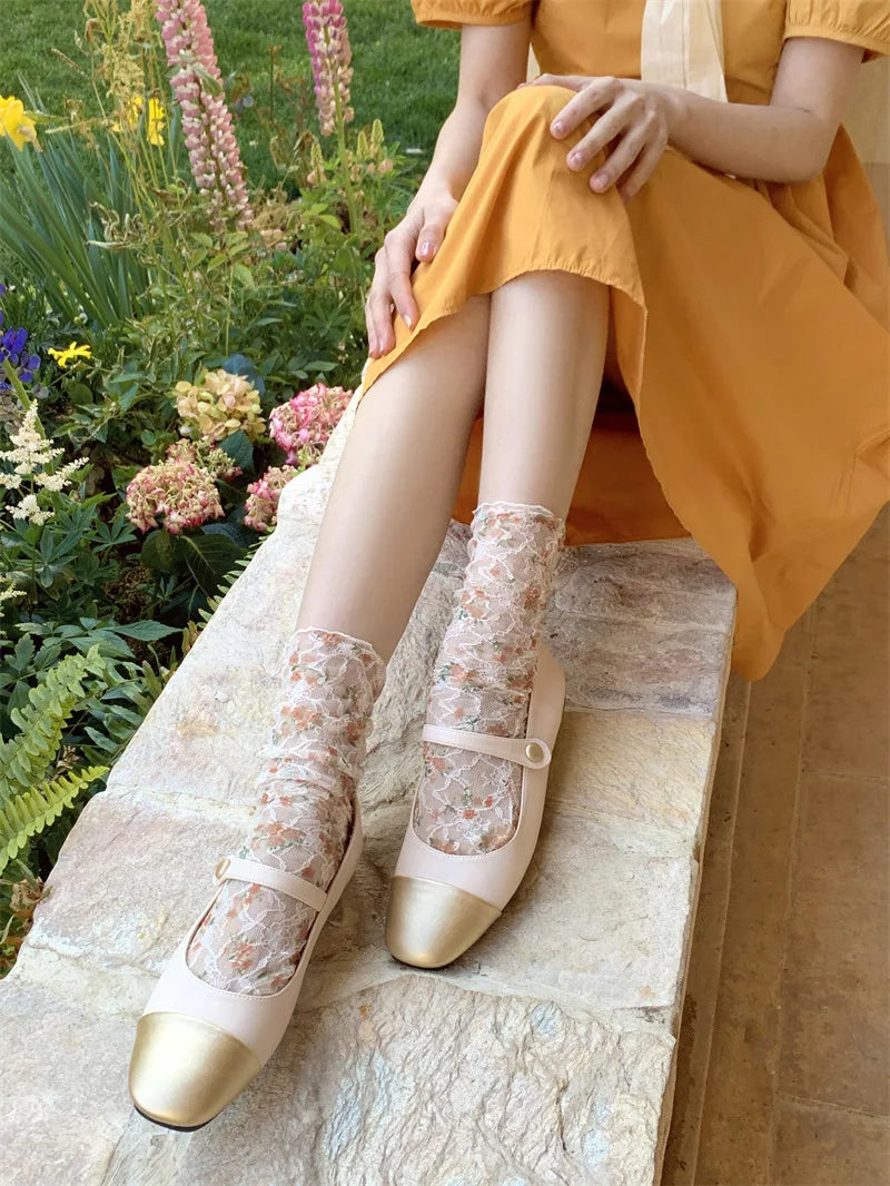 Stylish Korean Lace Flower Long Socks for Women | Breathable Comfort