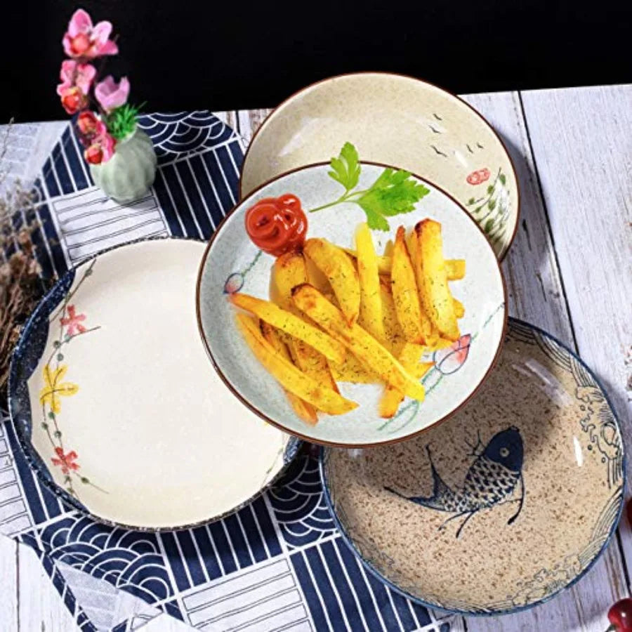 Japanese 8 Inch Retro Dinner Plate Set | Elegant Ceramic Dishes