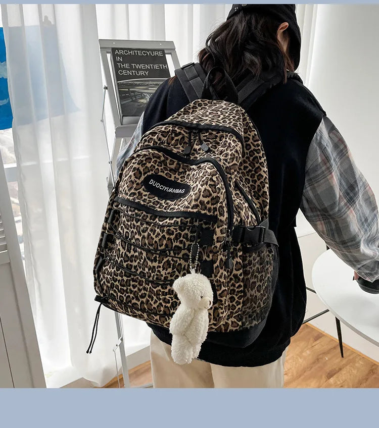 Vintage Leopard Print Backpack, Large Capacity School Bookbag with Side Mesh Pouch, for Students Travel Outdoor Streetwear