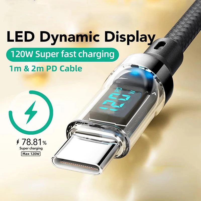 Cable A-C and C-C With Led Digital Display Cable Max 120W Super Fast Charge Cable For Xiaomi 17 Huawei Samsung iPhone Oneplus