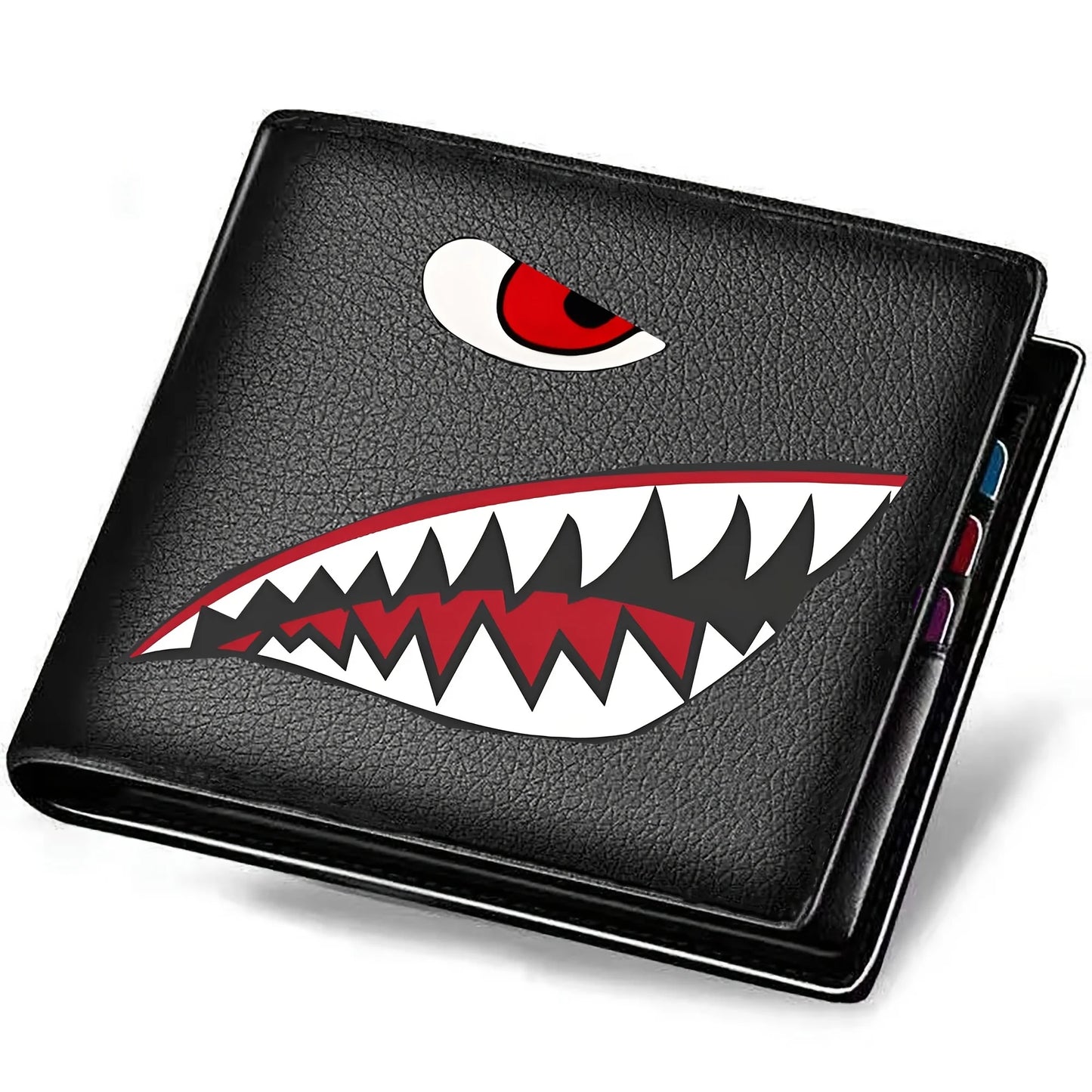 Men's Black Faux Leather Wallet | Shark Mouth Design Slim Holder