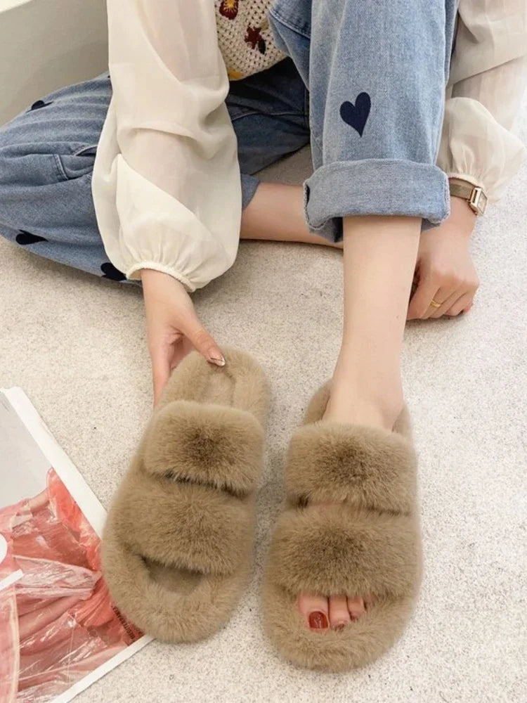 Cozy Double Fur Cross-Strap Plush Slippers | Warm Indoor Footwear