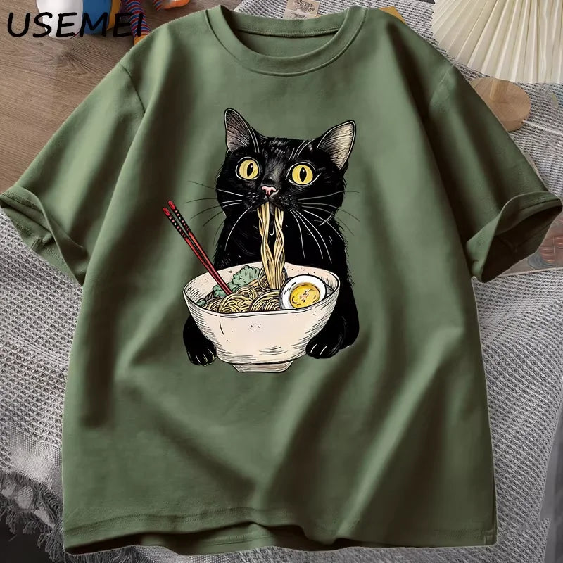 Funny Cat Noodle T-Shirt | Retro Casual Tee for Food Lovers