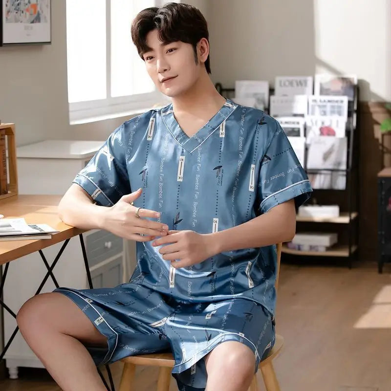 Men's Ice Silk Pajamas Set | Comfortable Short Sleeve Homewear