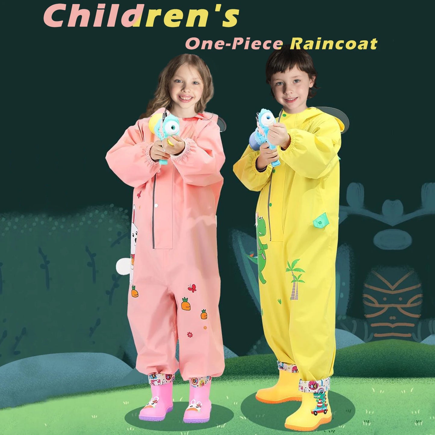 Cute Colorful Rabbit & Dinosaur Kids Raincoat | Waterproof One-Piece