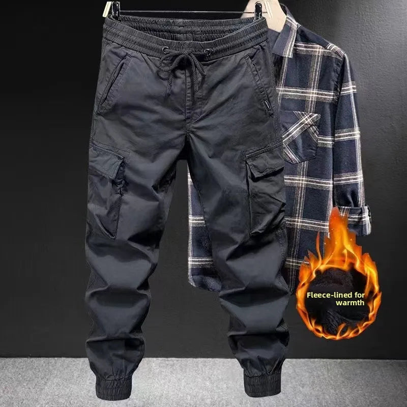 Men’s Autumn Winter Thickened Fleece Work Cargo Pants Loose Fit Wear Resistant Tear Proof Trousers with Multi Pockets