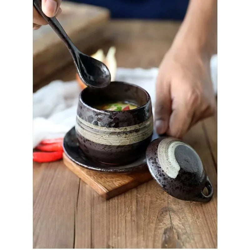 Japanese Retro Ceramic Stew Pot with Lid & Spoon Set | Multifunctional Soup Cup
