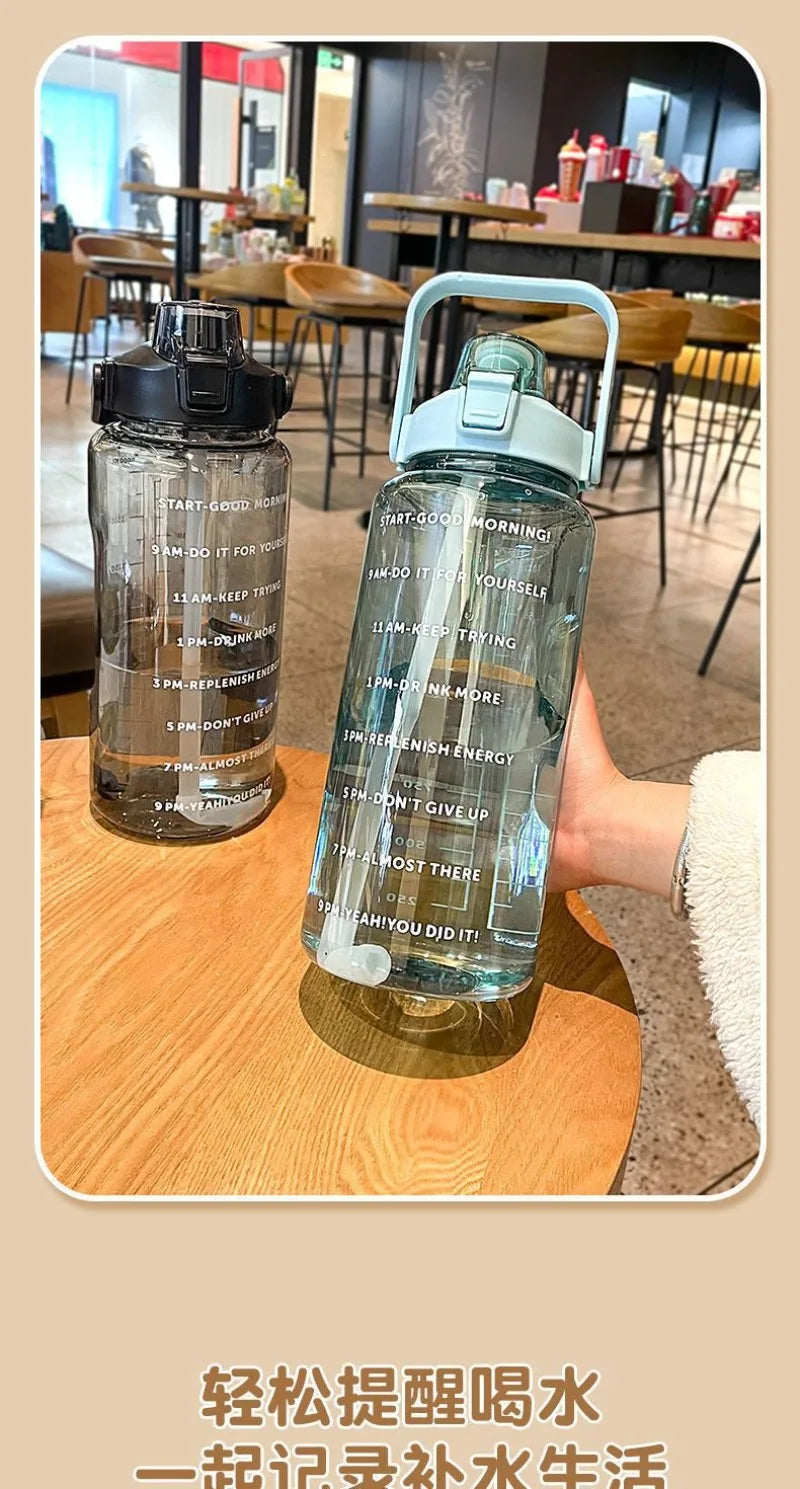2L Large Capacity Sports Water Bottle with Straw & Time Marker