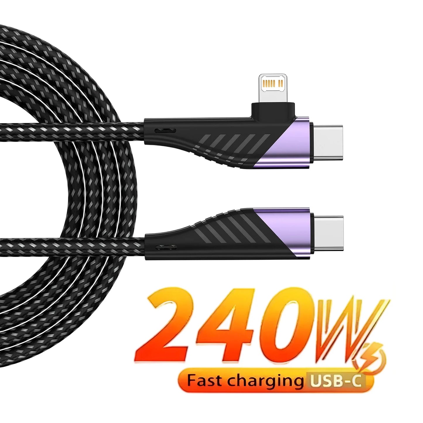 240W PD 2 in 1 Type-C Cable 90 Degree Angle Type C/Lightning Fast Charging Cable For iPhone 16 15 14Pro Max iPad Xiaomi Huawei