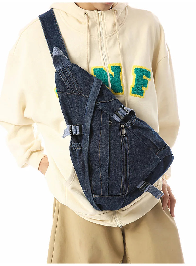 Vintage Washed Denim Sling Bag Man Woman Multifunction Retro Large Capacity Portable Motorcycle Chest Bag