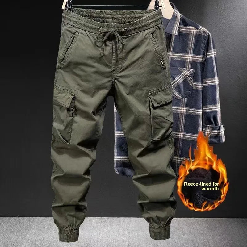 Men’s Autumn Winter Thickened Fleece Work Cargo Pants Loose Fit Wear Resistant Tear Proof Trousers with Multi Pockets