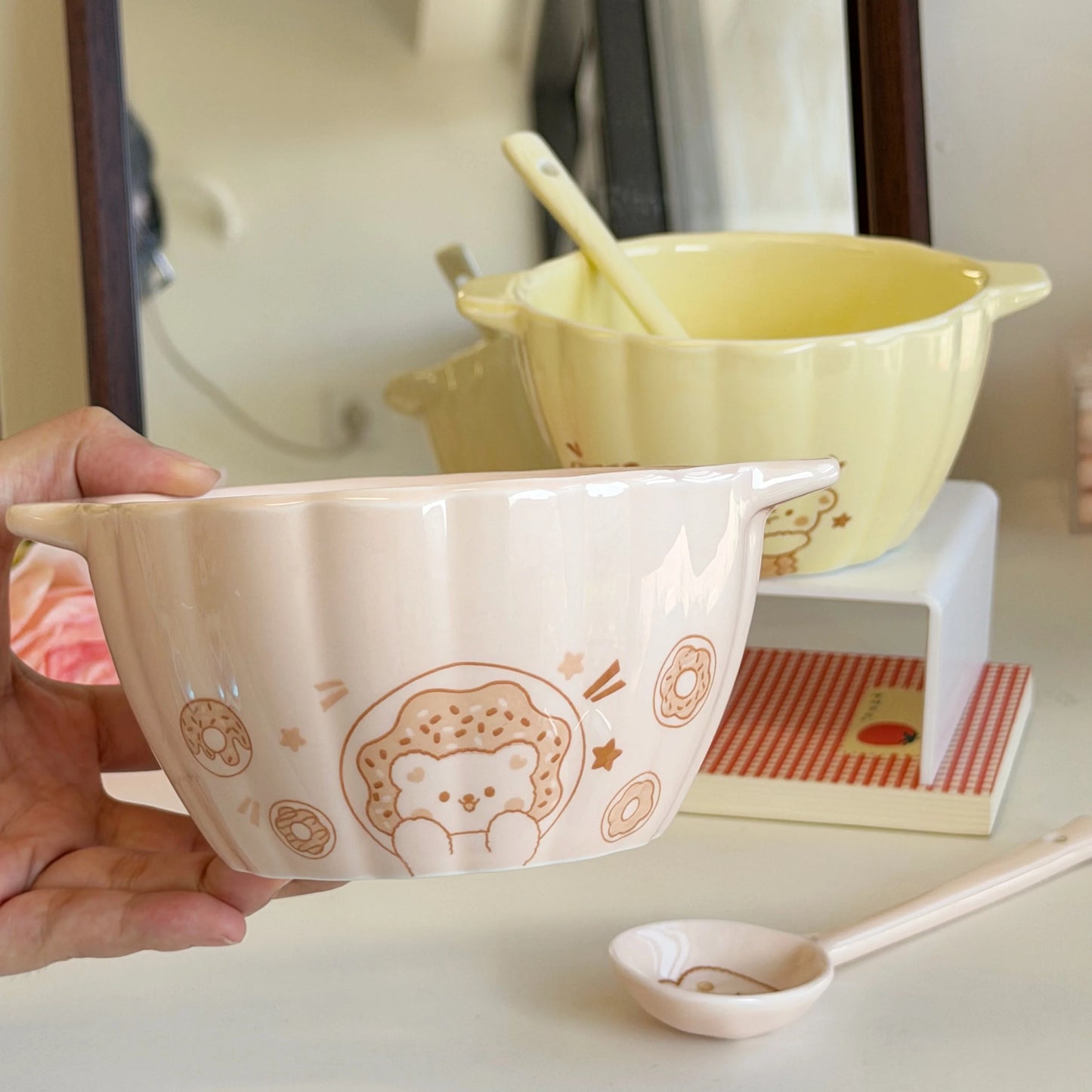 6.2in Cute Animal Double-ear Bowl with Spoon | Versatile Dining Bowl