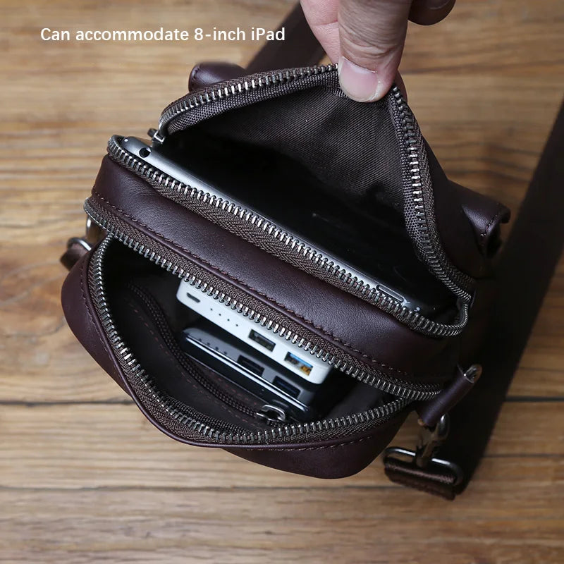 NZPJ Vintage Genuine Leather Men's Shoulder Bag Natural Cowhide Crossbody Bag Casual Small Backpack Suitable for 8-inch iPad