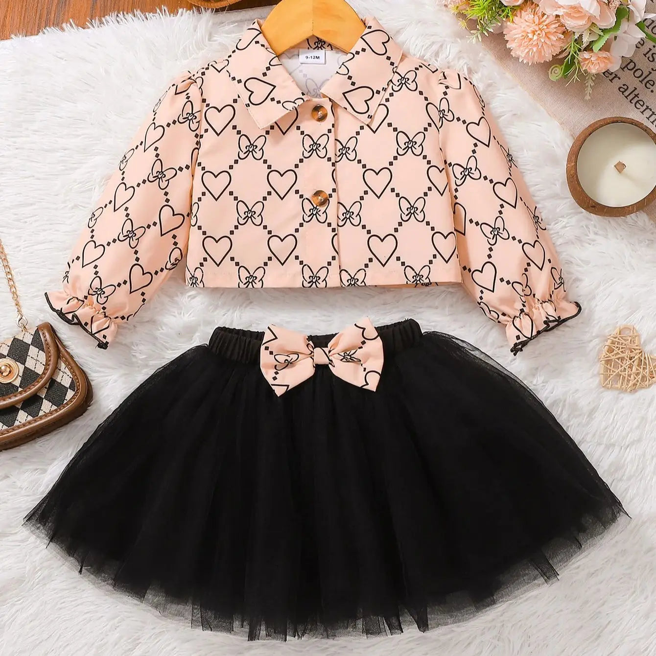 Adorable Baby Girl Heart Print Top and Tulle Skirt Set