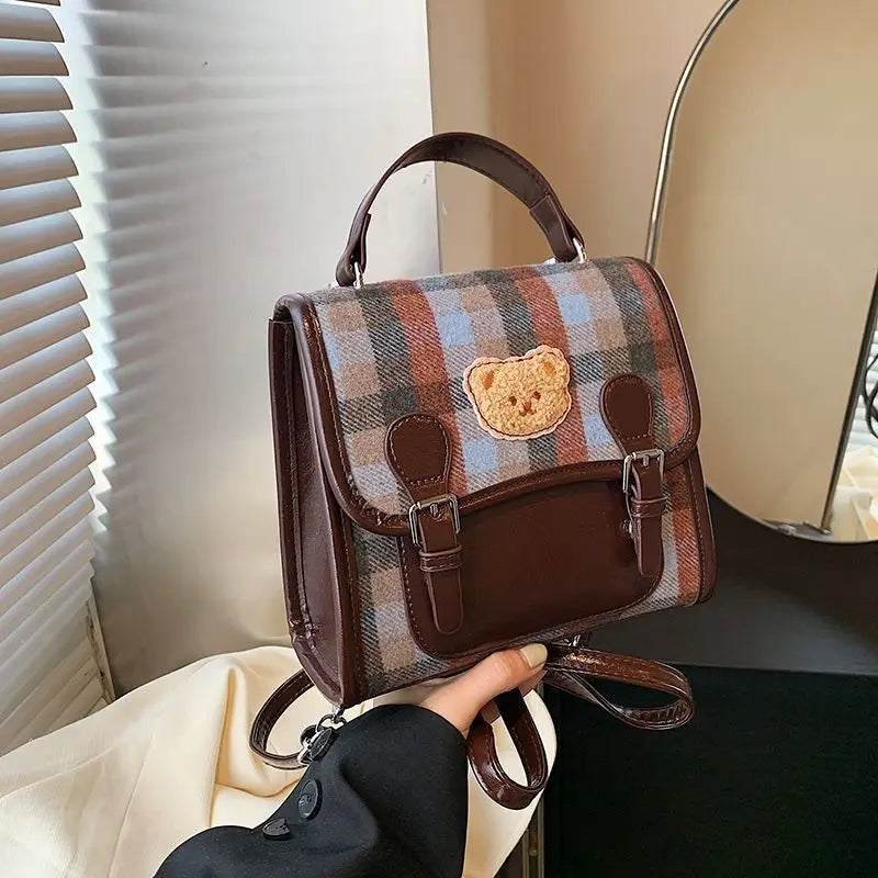 Cute Bear Backpack for Women | Vintage Plaid Student Bag