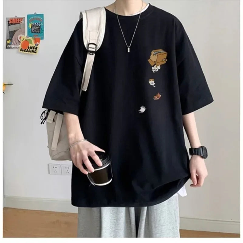 Men's Oversized Vintage Kitten Print Tee | Fashionable Casual Wear
