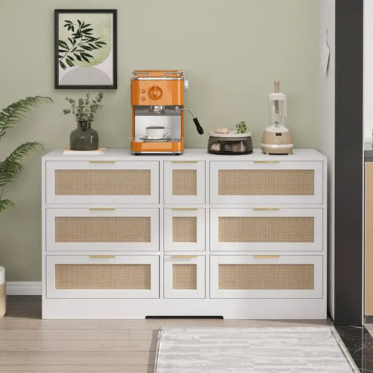 Armario de almacenamiento de ratán blanco de 51.2" con 9 cajones y diseño elegante