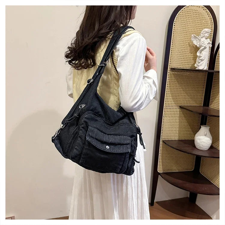 Trendy Solid Color Denim Shoulder Bag | Versatile Women's Crossbody