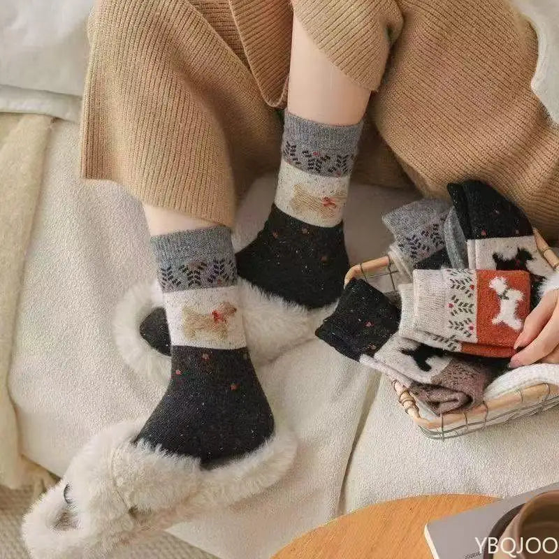 5 Pairs Dog Pattern Plush Women's Socks | Cozy Mid-Tube Styles