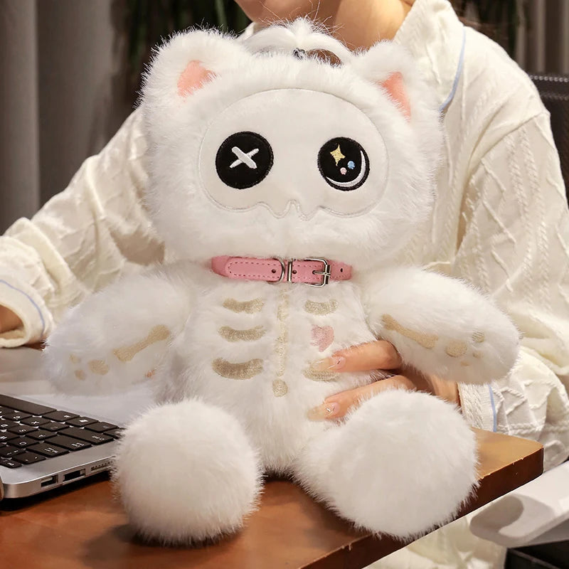 Kawaii Black Skeleton Cat Plush Toy | Fluffy Gothic Stuffed Animal