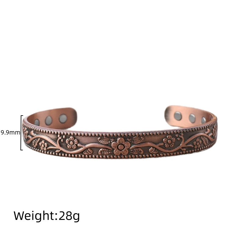 Vintage Floral Engraved Solid Copper Magnetic Therapy Cuff Bracelet