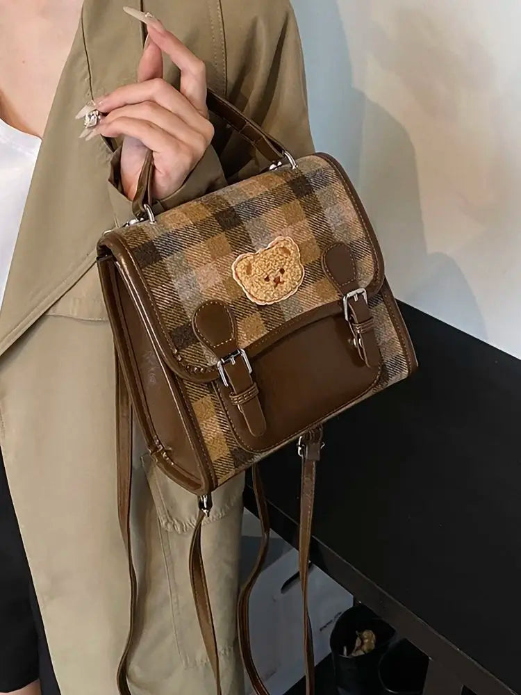 Cute Bear Backpack for Women | Vintage Plaid Student Bag