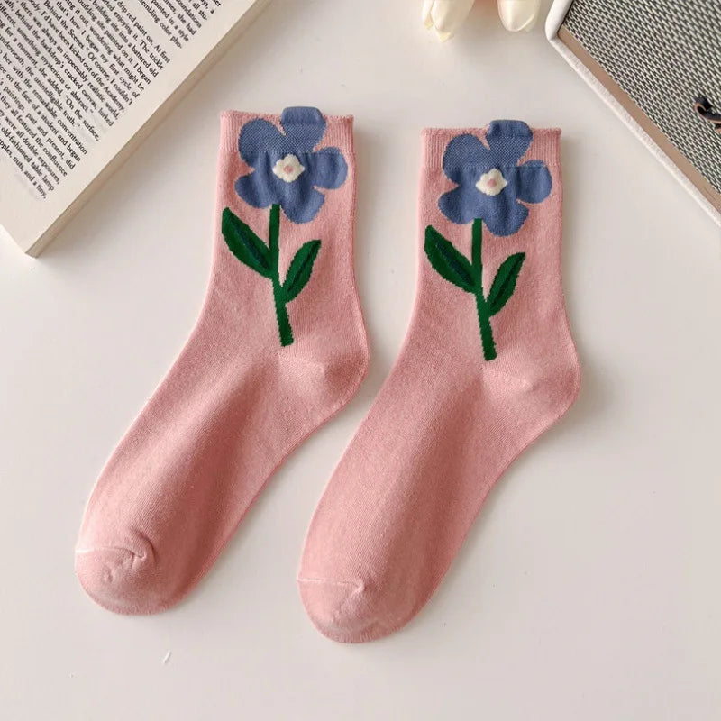 Kawaii Women's Floral Cartoon Socks | Cute Mid Tube Cotton Socks