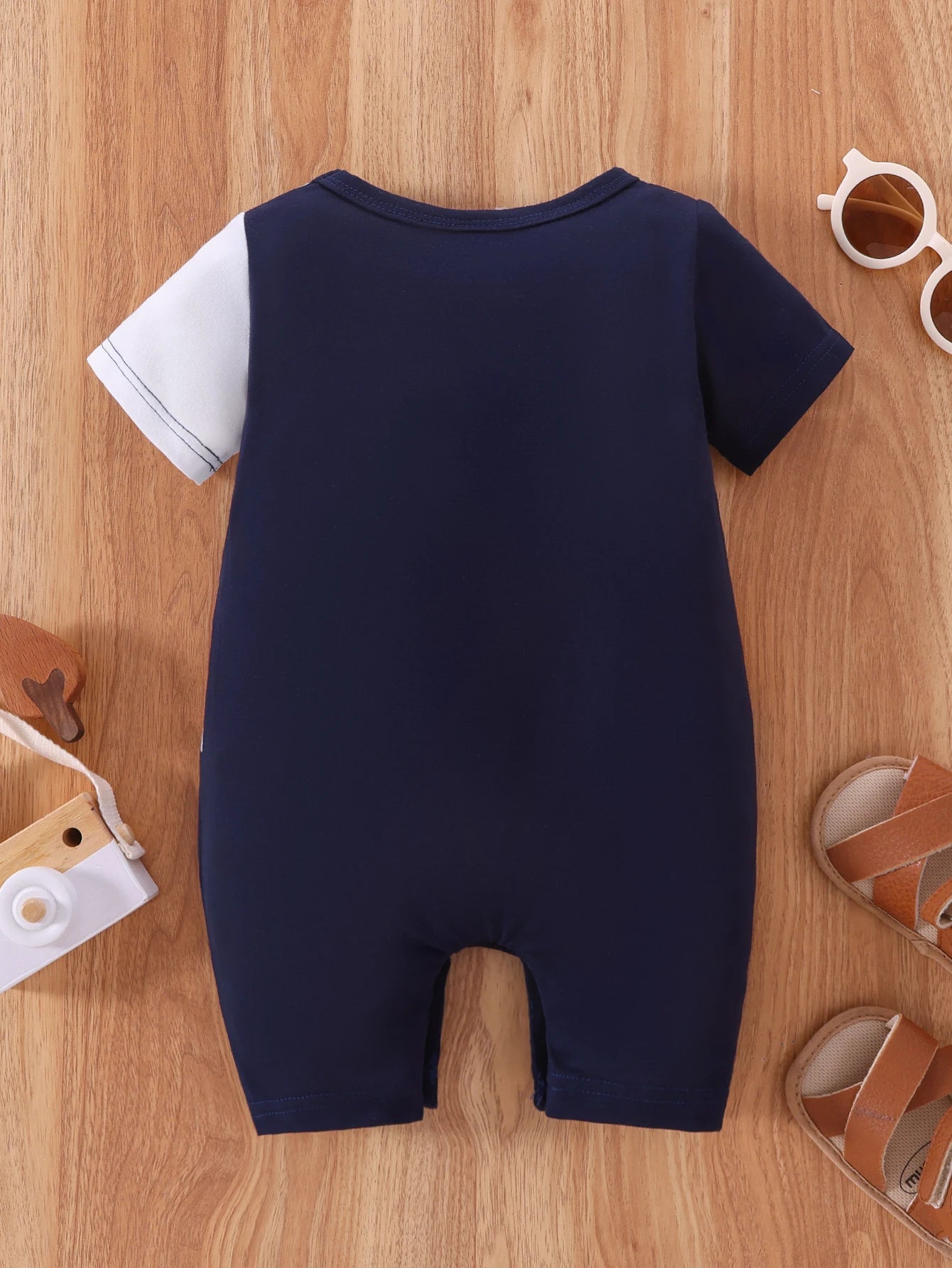 Adorable Baby Color-Block Romper with Dinosaur Embroidery