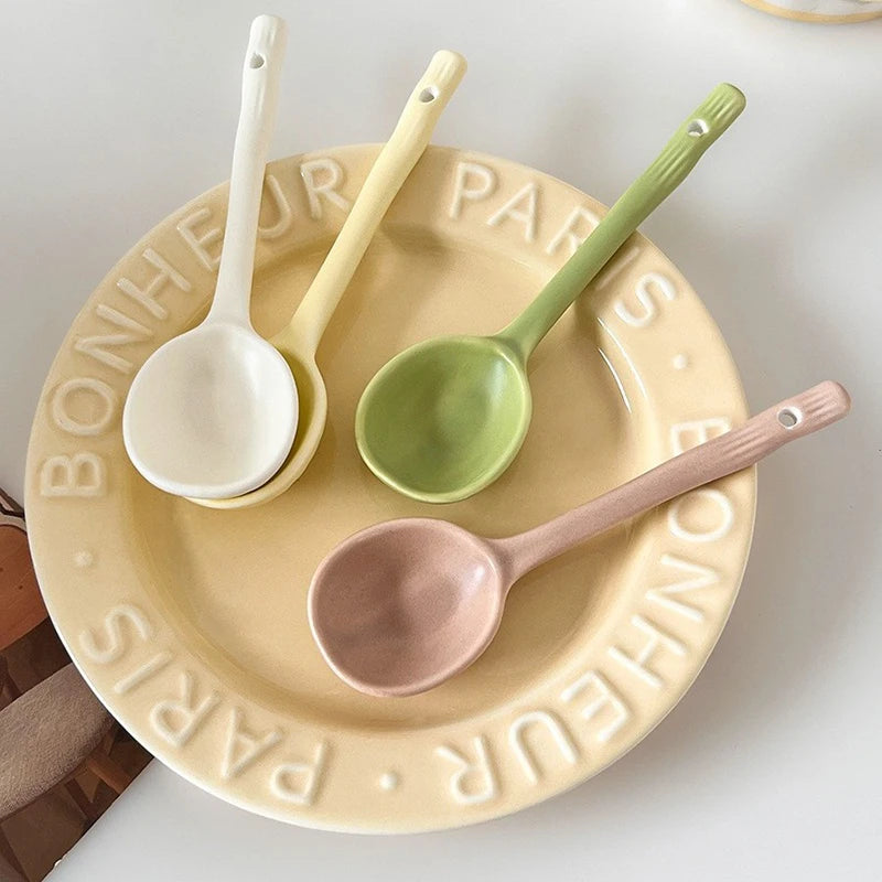 Elegant Ceramic Soup Spoon Set | Long Handle Ladle for Dining