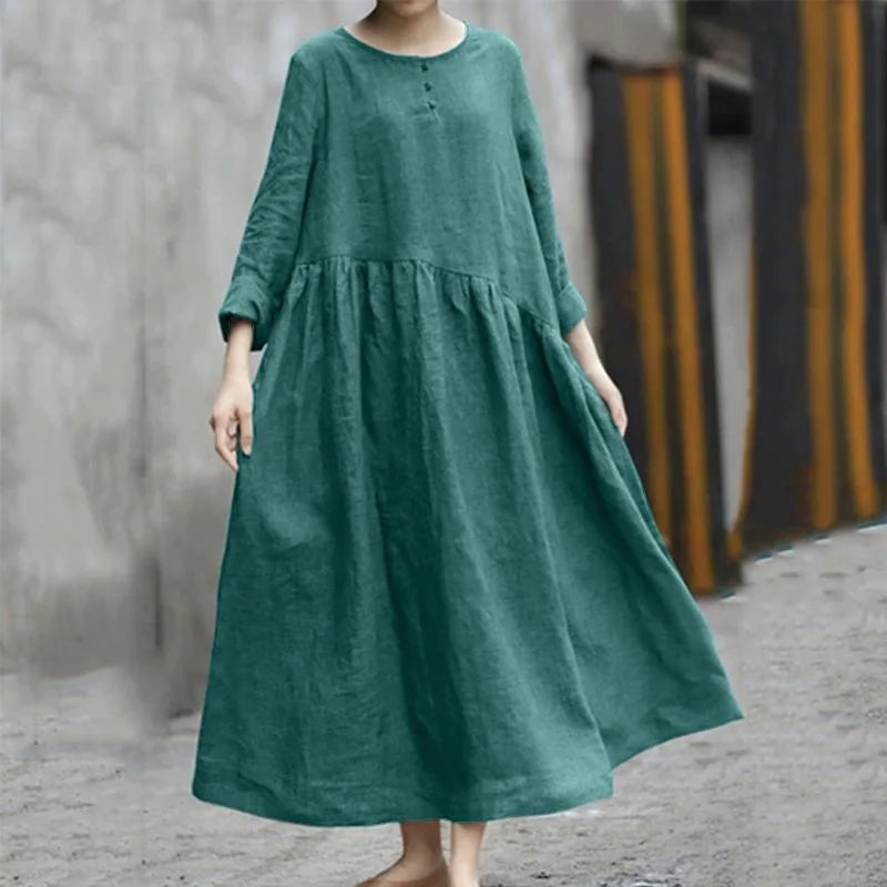Women's Asymmetrical Cotton Linen Long Dress | Stylish Autumn Wear