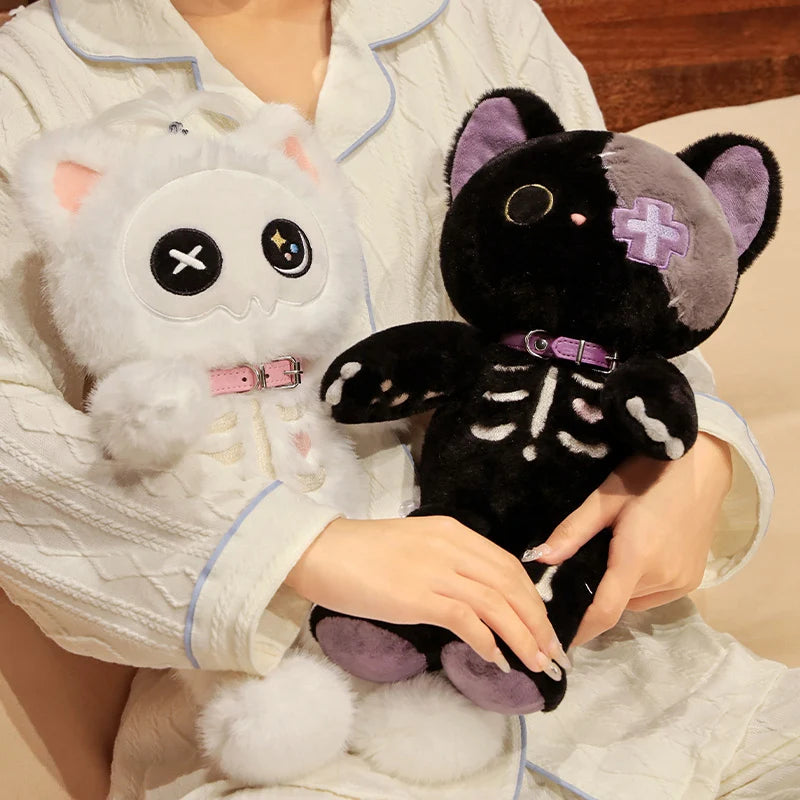 Kawaii Black Skeleton Cat Plush Toy | Fluffy Gothic Stuffed Animal