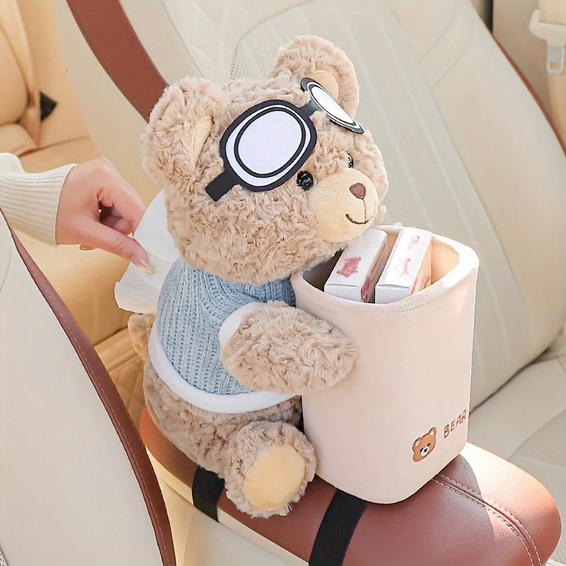 Adorable Teddy Bear Car Tissue Holder & Trash Can Organizer