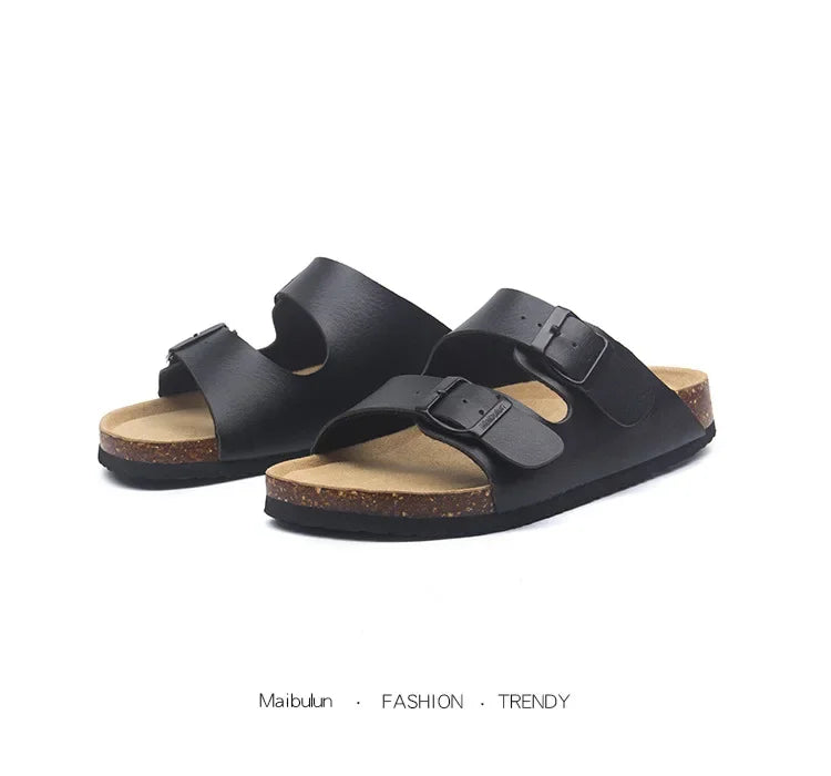 Men's Buckle Flat Bottom Cork Slippers | Comfortable Summer Sandals