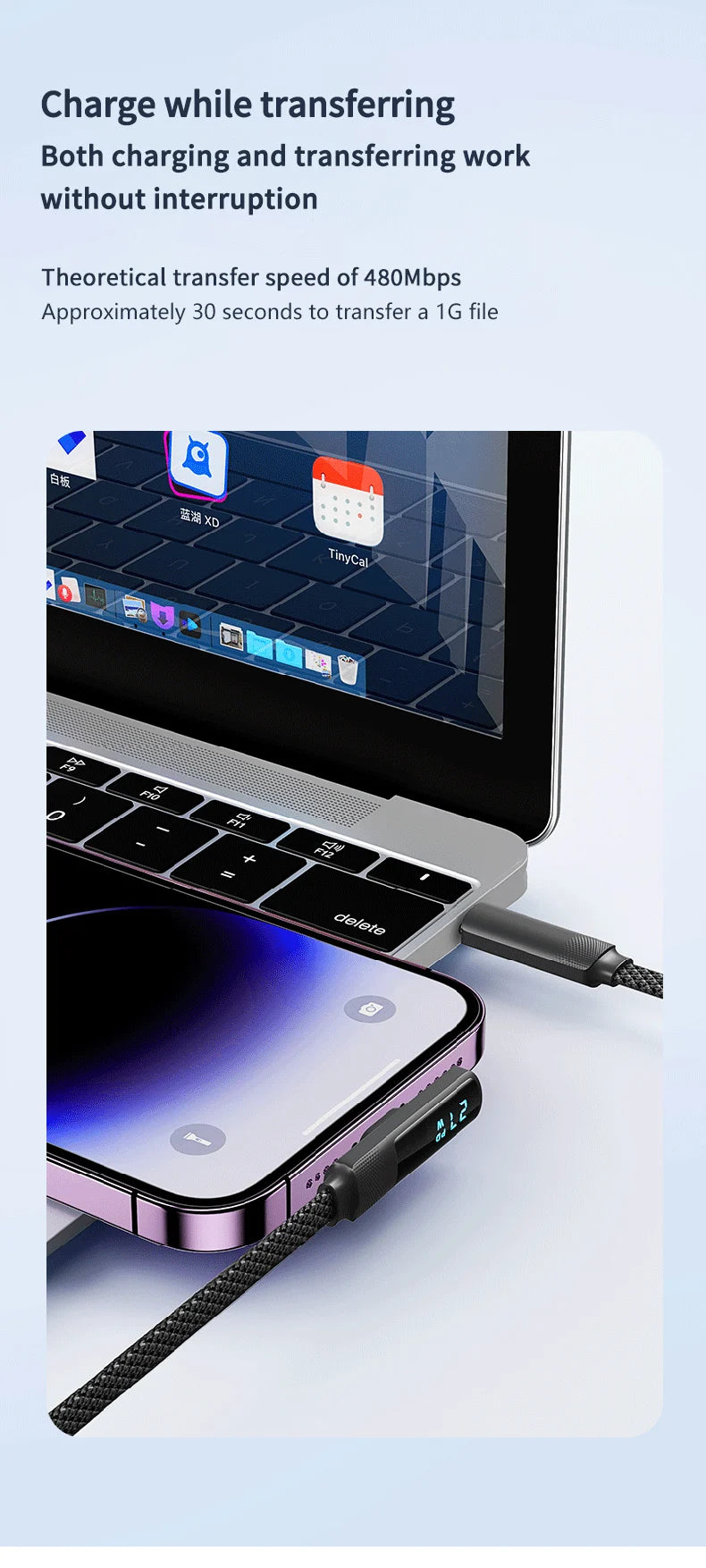 USB A to USB C PD 5A Fast Charging Cable,Right Angle LED Display Type-C Cable for iPhone 17,Samsung Galaxy S23,Huawei and Gaming